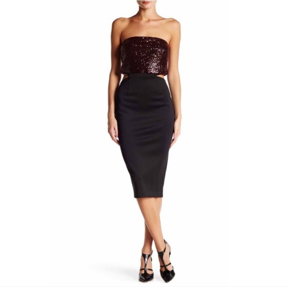 Nwt Rachel Roy Strapless Sequin Cocktail Dress Black Maroon Cutout Midi Size 6